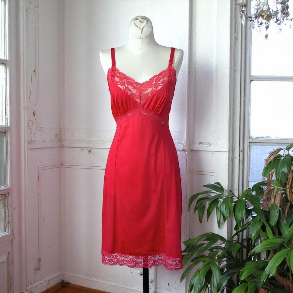 1960s Crimson Red Nylon Slip Dress Small - Picture 3 of 9